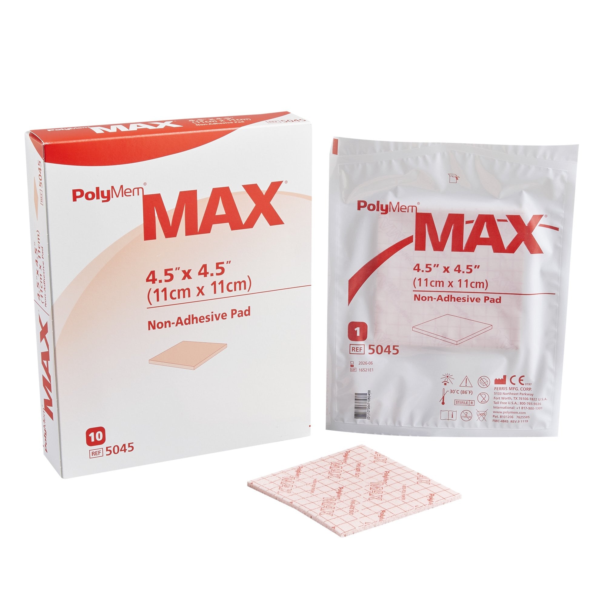 481320 - PolyMem - PolyMem Max Foam Dressing 4-1/2 X 4-1/2 Inch Without Border Film Backing Nonadhesive Square Sterile, 5045, Box of 10, (BX)