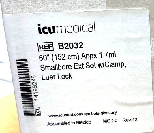 B2032 - ICU MEDICAL - Small bore ext set w/clamp Luer lock, (BX/50)