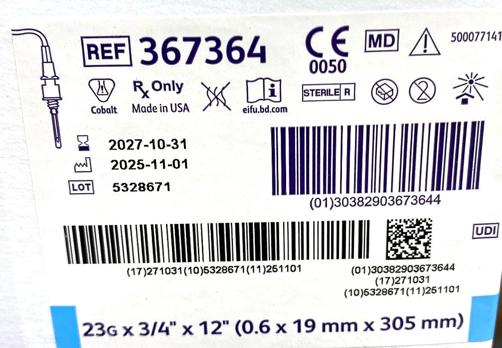 367364 - BD - WINGSET PBBCS UTW PP 23X.75 12 LUER, (BX/50)