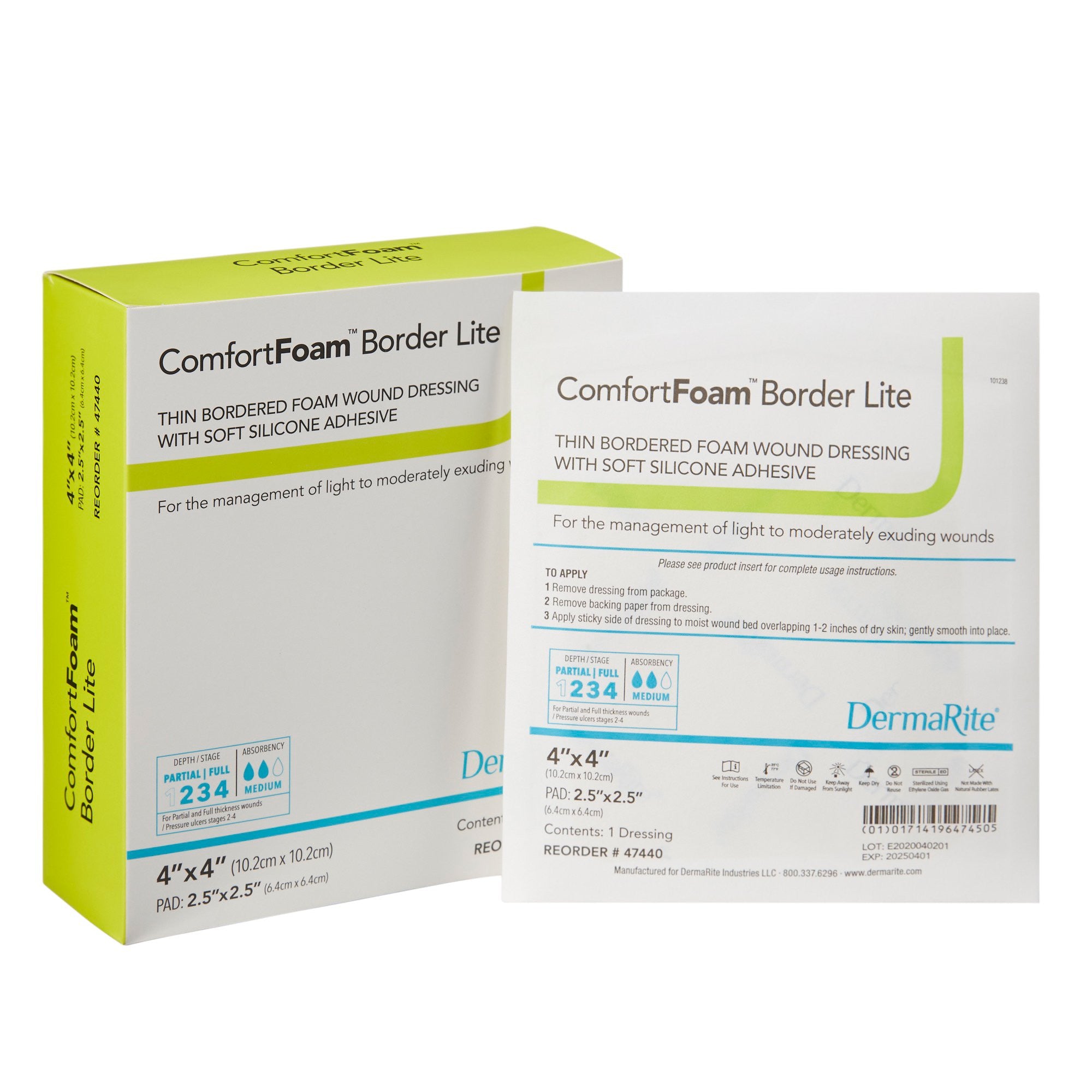 1003181 - Comfort - ComfortFoam Border Lite Thin Foam Dressing 4 X 4 Inch With Border Waterproof Backing Silicone Adhesive Square Sterile, 47440, Box of 10, (BX)