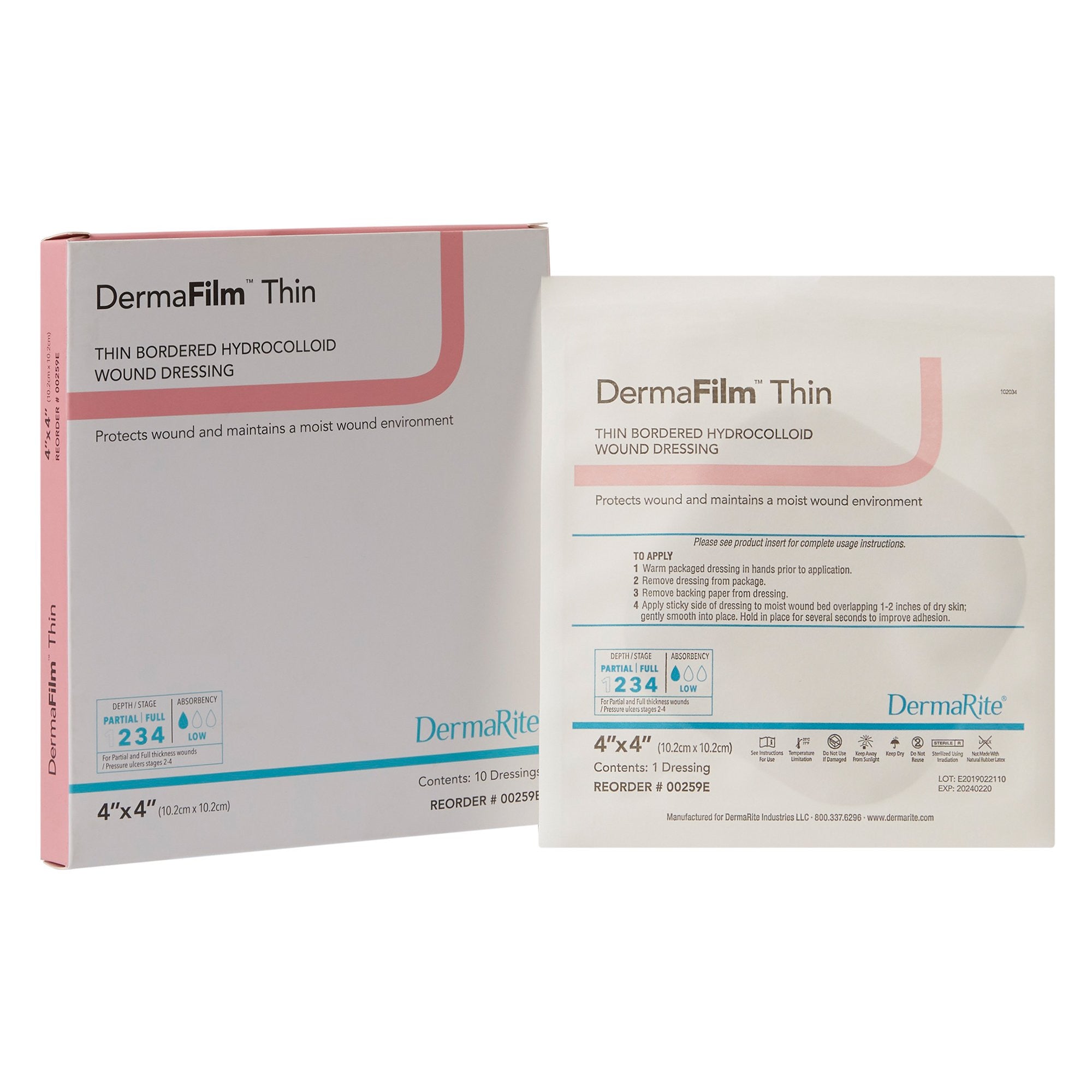583419 - Derma - DermaFilm Thin Hydrocolloid Dressing Film Backing 4 X 4 Inch Square Hydrocolloid / Film, 00259E, Box of 10, (BX)