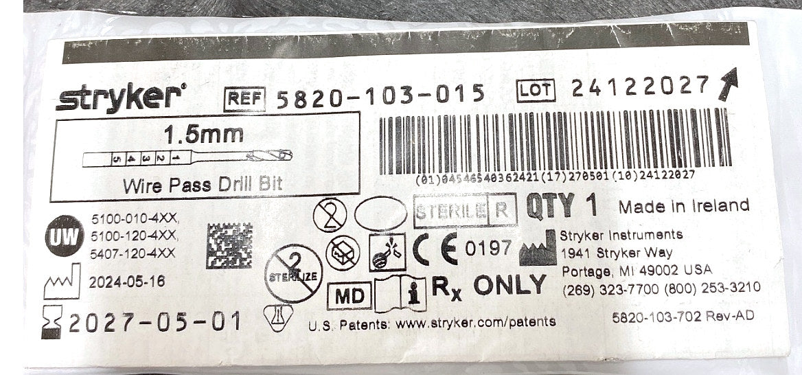 5820-103-015 - STRYKER - 1.5mm Wire Pass Drill Bit, (EA/1)
