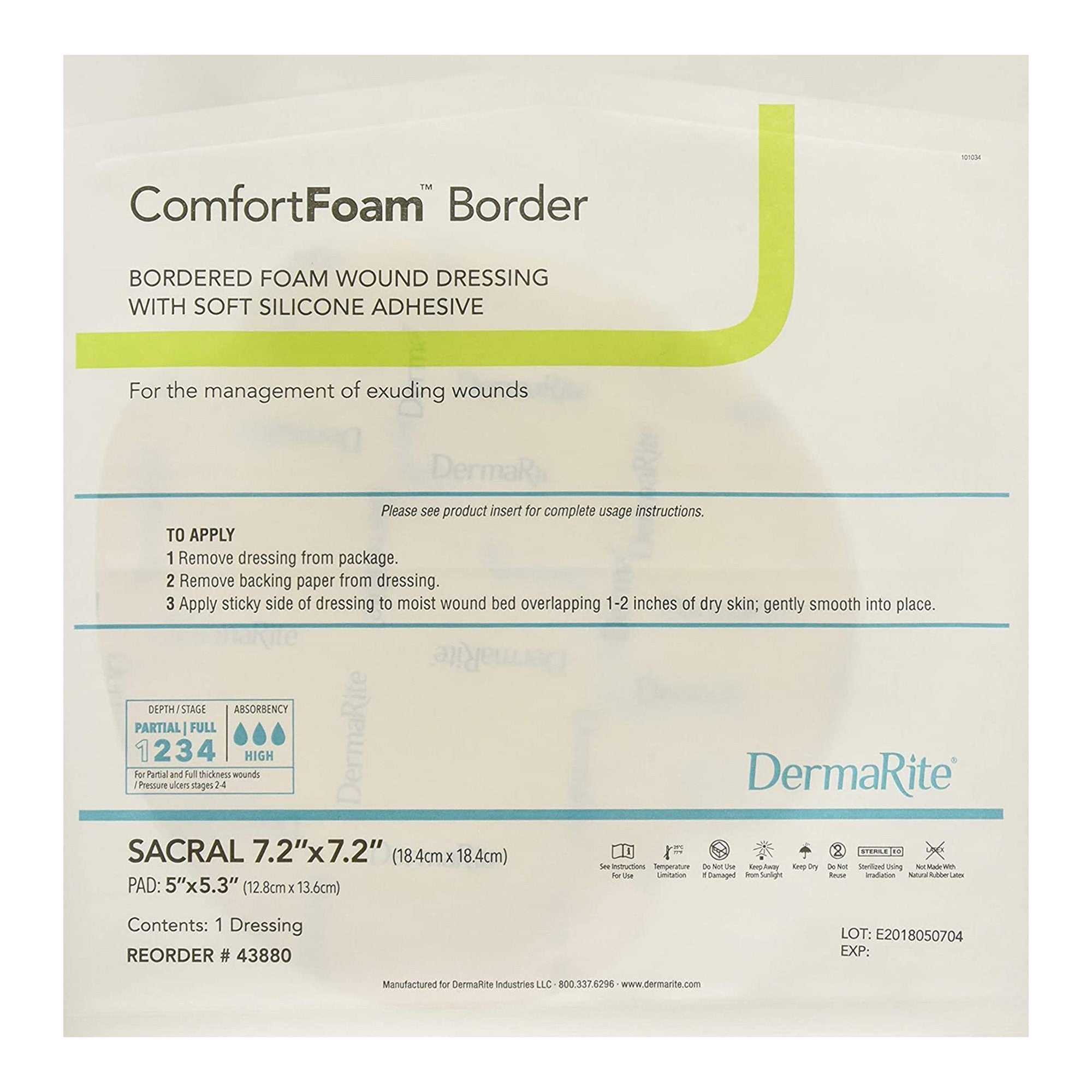 944933 - Comfort - ComfortFoam Border Foam Dressing 7-1/5 X 7-1/5 Inch With Border Waterproof Backing Silicone Adhesive Sacral Sterile, 43880, Box of 5, (BX)