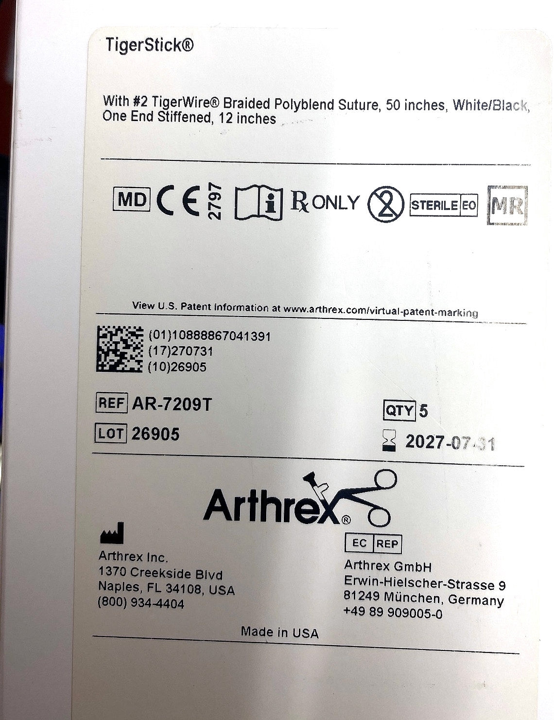 AR-7209T - ARTHREX - TIGERSTICK, #2 TIGERWIRE, (BX/5)