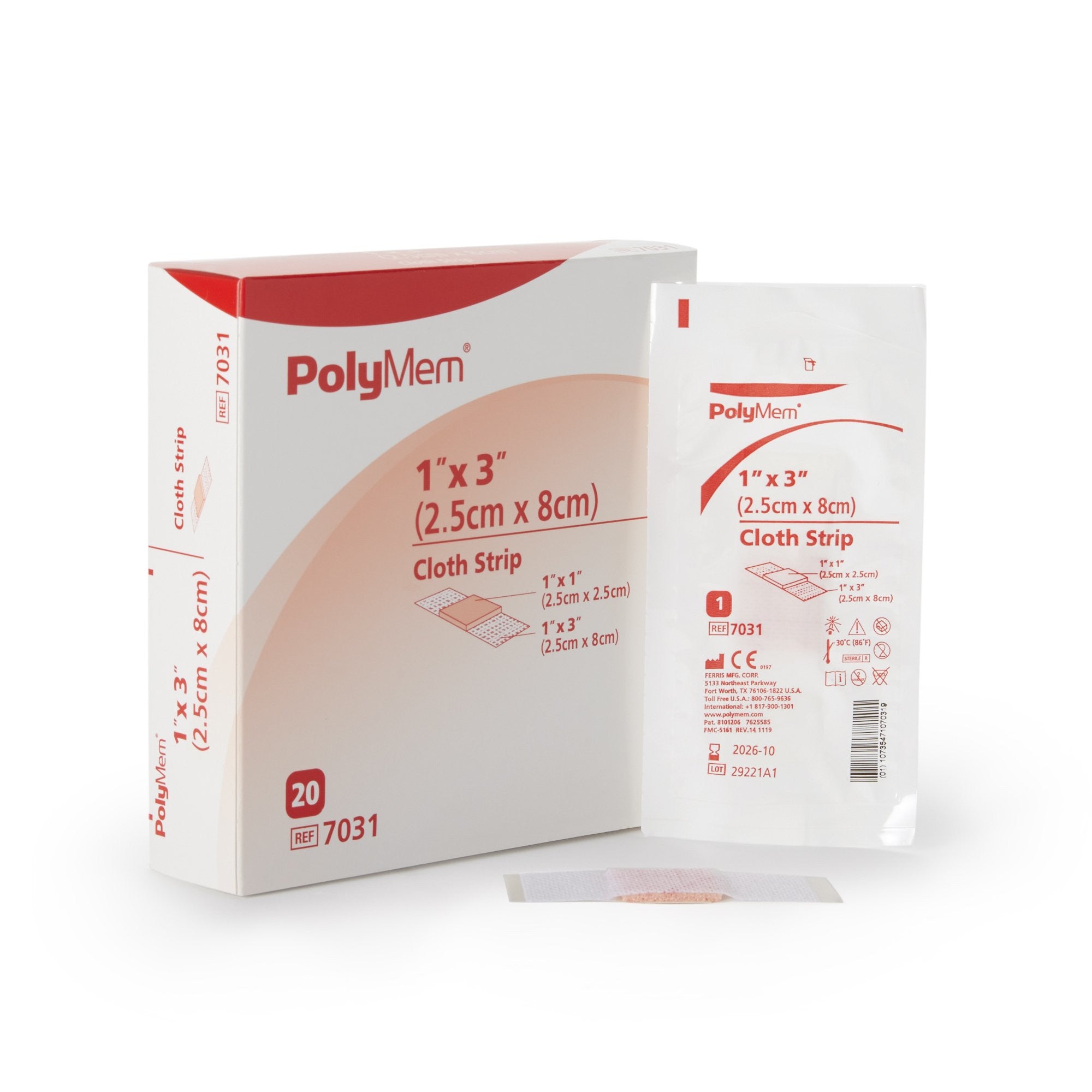 543360 - PolyMem - PolyMem Adhesive Strip Polyurethane / Film Pink / White 1 X 3 Inch Sterile, 7031, Pack of 1, (EA)