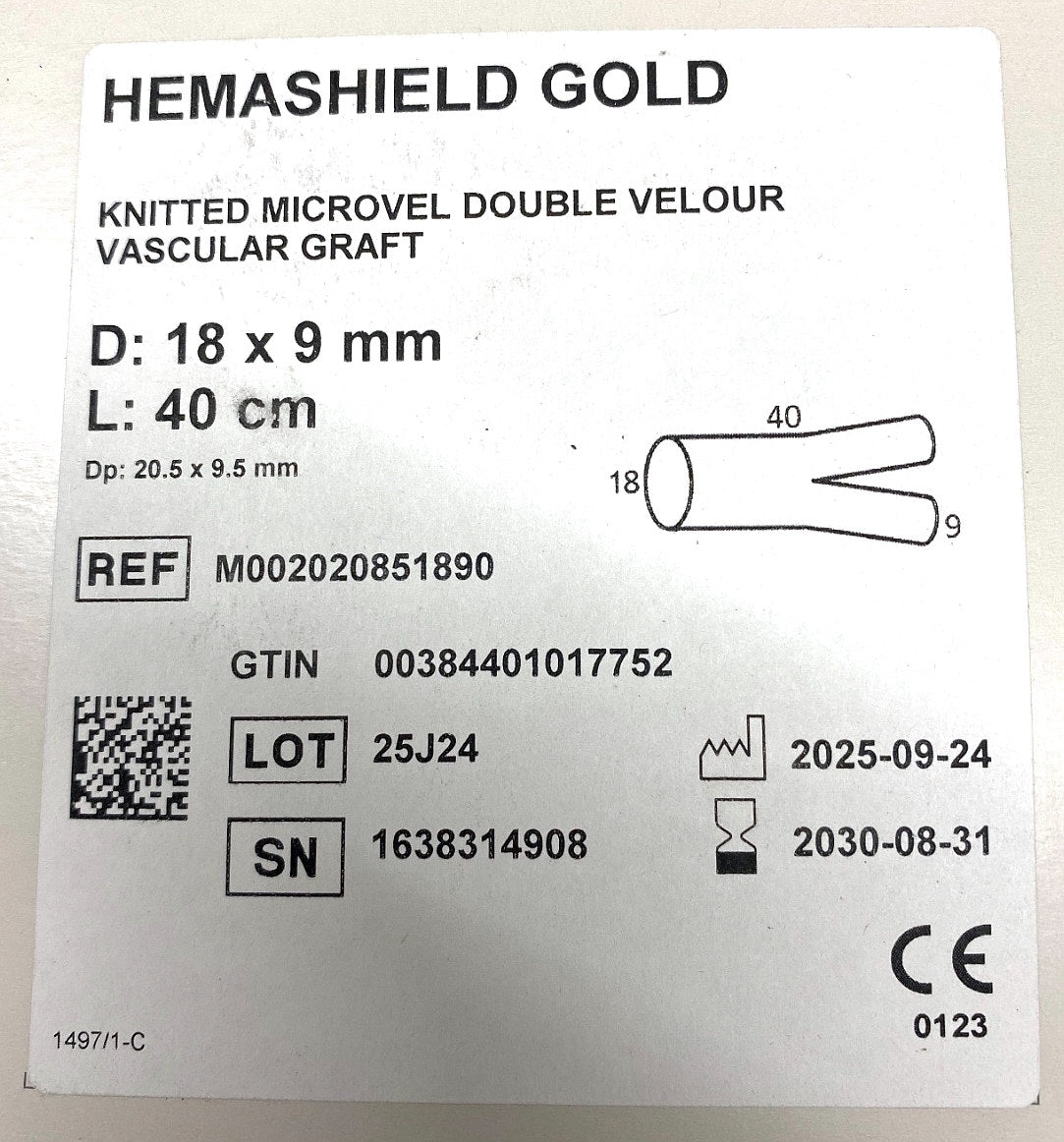 M002020851890 - INTERVASCULAR - Hemashield Gold Knitted Microvel Bifurcated Double Velour Vascular Graft with Graft Sizer Accessory, (BX/1)