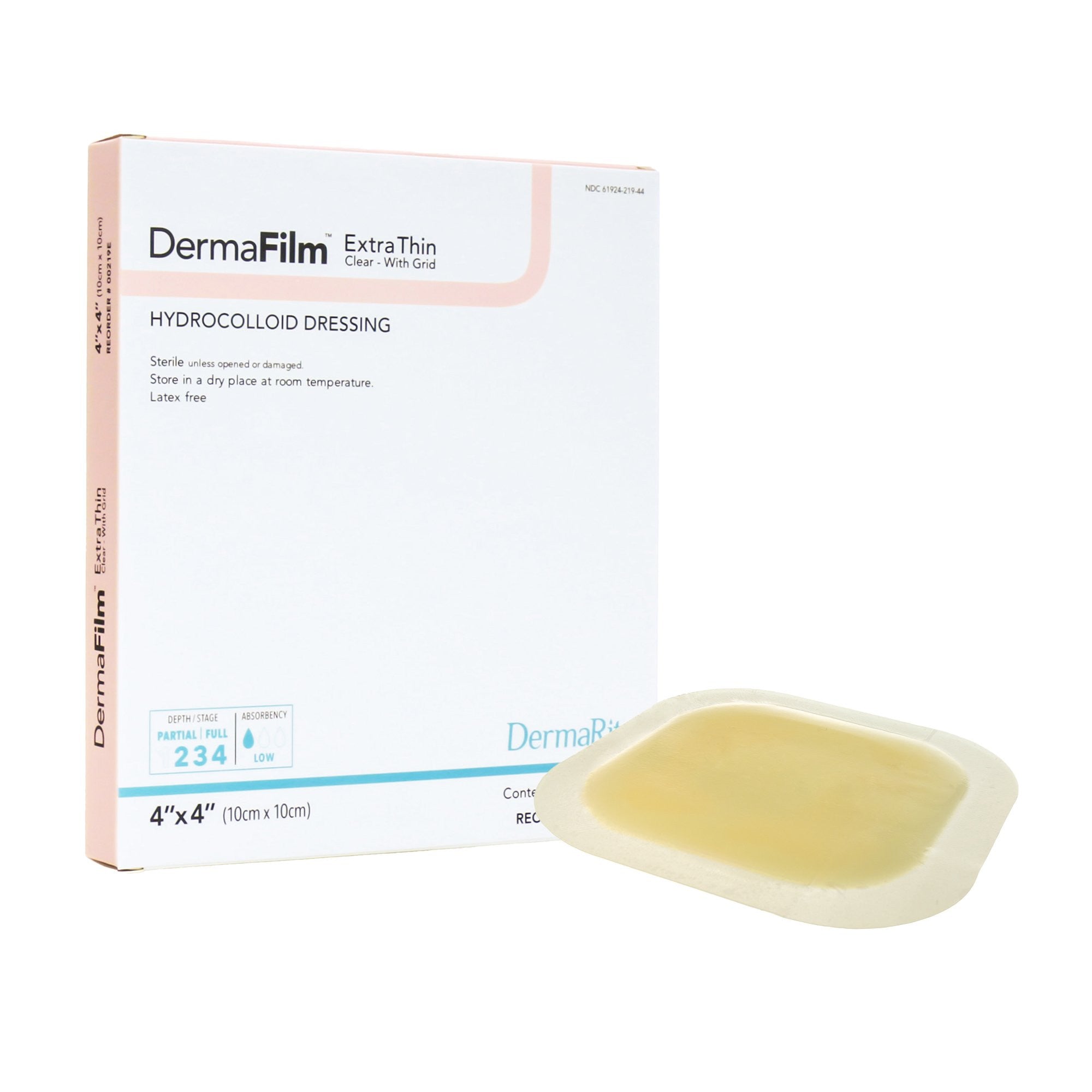 727738 - Derma - DermaFilm Thin Hydrocolloid Dressing Film Backing 4 X 4 Inch Square Hydrocolloid / Film, 00219E, Box of 10, (BX)