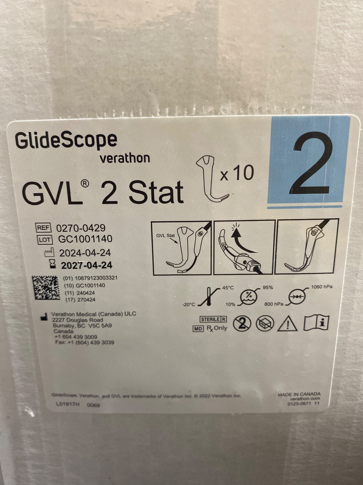 0270-0429 - VERATHON MEDICAL - GlideScope AVL Laryngoscope Blades, Size 2, (BX/10)
