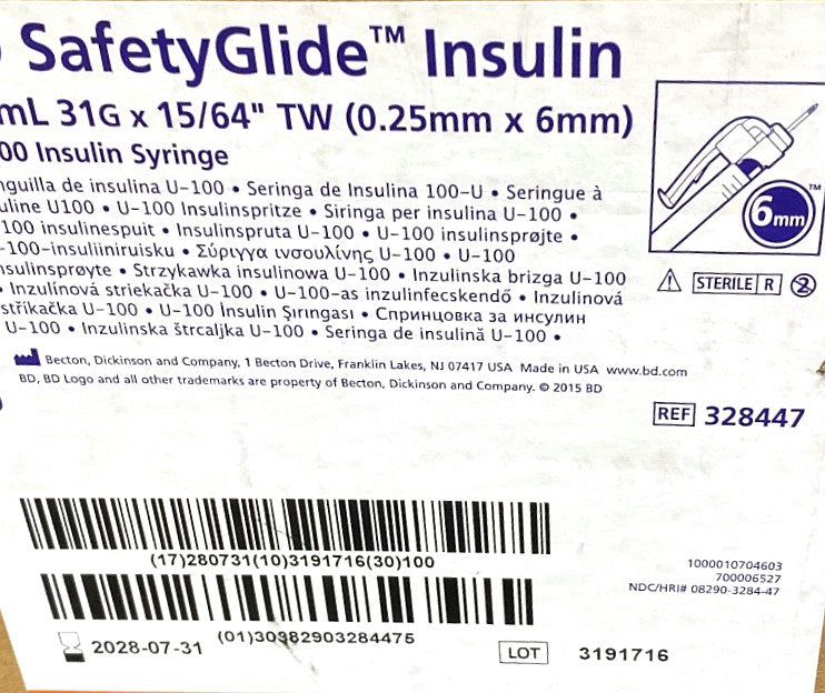 328447 - BD - SafetyGlide™ Insulin Syringes, U-100, 6mm, 31G, 0.5mL, (BX/100)