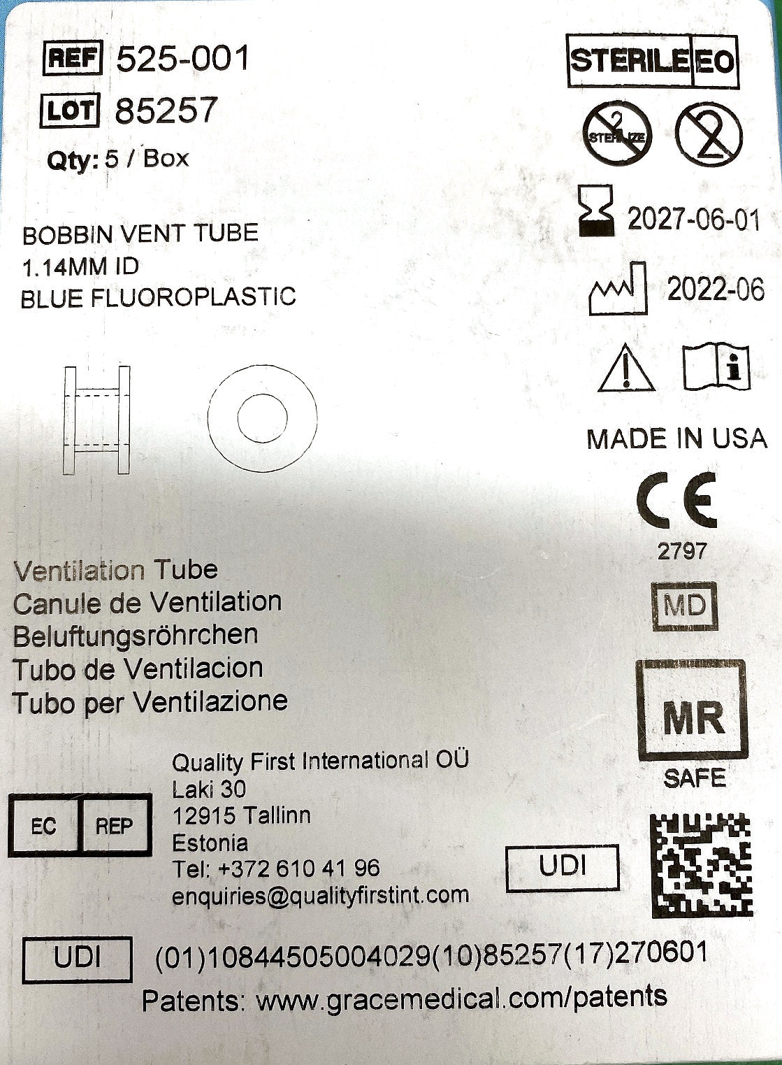 525-001 - GRACE MEDICAL - BOBBIN VENT TUBE 1.14MM ID BLUE FLUOROPLASTIC 5 PACK, (BX/5)