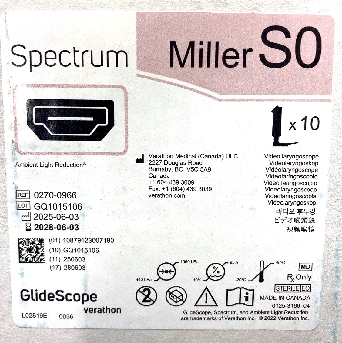 0270-0966 - VERATHON MEDICAL - GlideScope® Spectrum™ Miller S0, (BX/10)