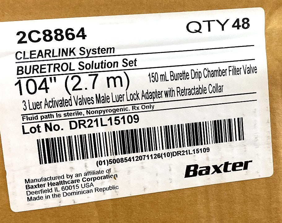 2C8864 - BAXTER - BURETROL Solution Set, 150 mL Burette Drip Chamber Filter Valve, 3 Luer Activated Valves, Male Luer Lock Adapter with Retractable Collar, (BX/48)