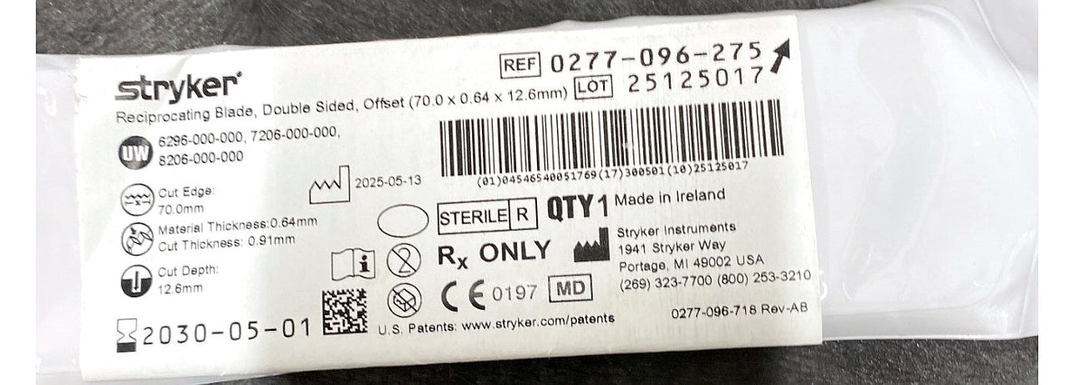 0277-096-275 - STRYKER - Reciprocating Blade, Double Sided, Offset (70.0 x 0.64 x 12.6mm), (EA/1)