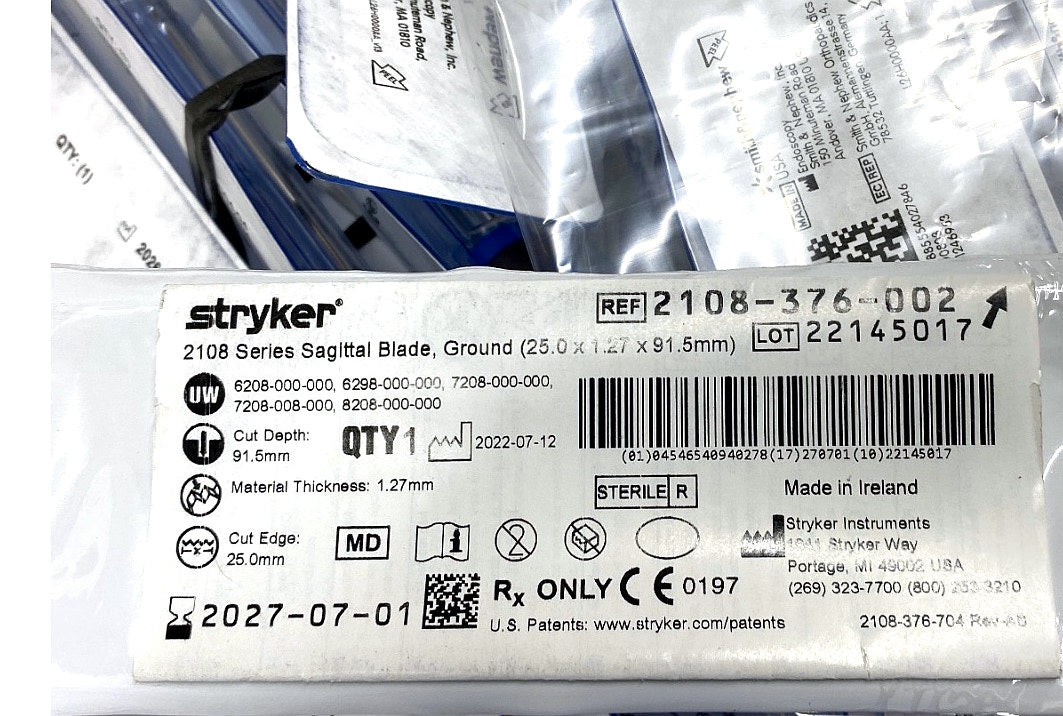 2108-376-002 - STRYKER - 2108 Series Sagittal Blade, Ground (25.0 x 1.27 x 91.5mm), (EA/1)