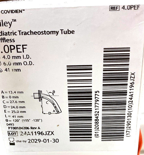 4.0PEF - COVIDIEN - Pediatric Tracheostomy Tube Cuffless, (BX/1)