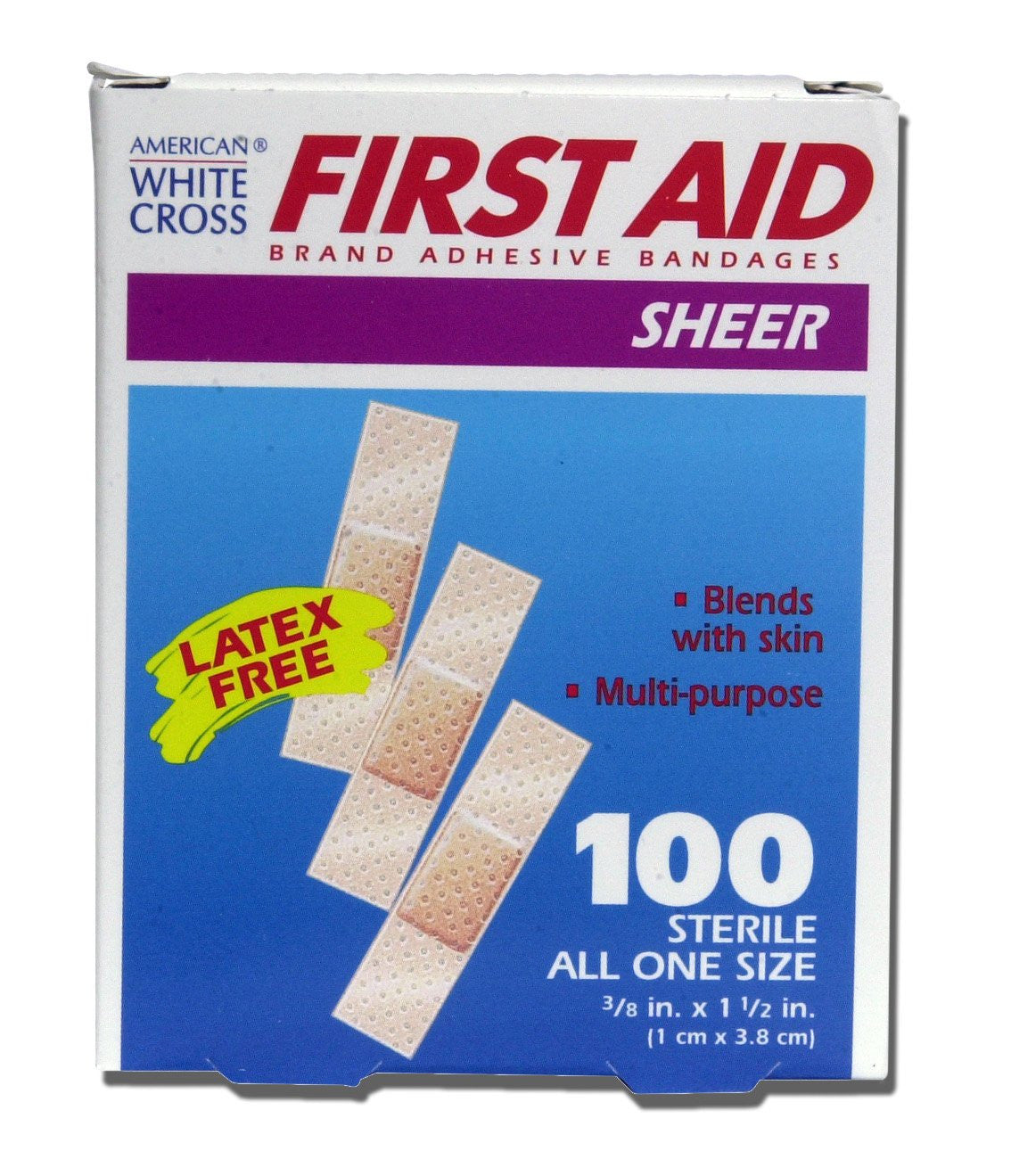 448626 - American White Cross - American White Cross First Aid Adhesive Strip Plastic Tan 3/8 X 1-1/2 Inch Sterile, 1298033, Box of 100, (BX)
