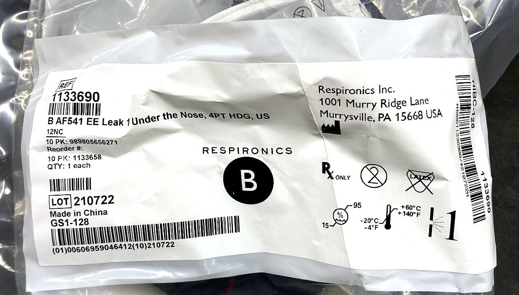 1133690 - RESPIRONICS - AF541 Under the Nose Mask with Entrainment Elbow, Leak 1, with 4 Point Headgear, Size B, USA, (EA/1)