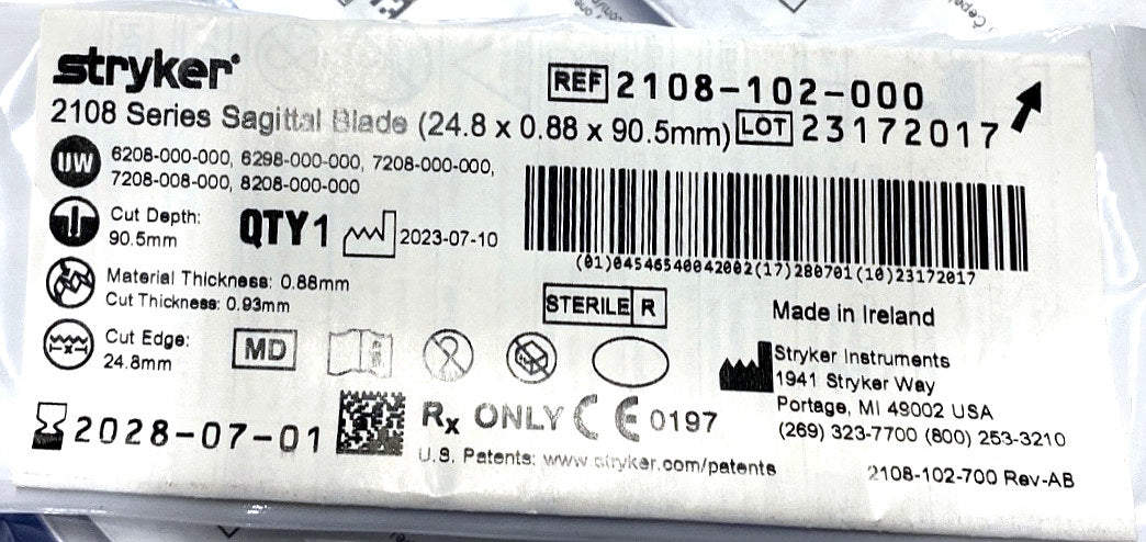2108-102-000 - STRYKER - 2108 Series Sagittal Blade (24.8 x 0.88 x 90.5mm), (EA/1)
