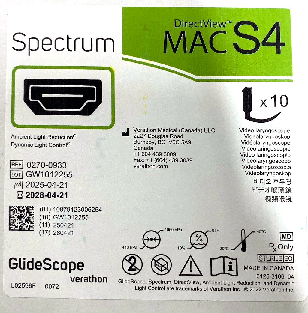 0574-0188 - VERATHON MEDICAL - GlideScope® Spectrum™ DirectView™ MAC S4, (BX/10)