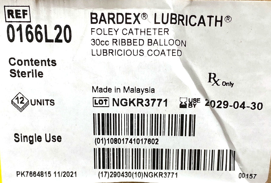 0166L20 - BARD - Bardex® Lubricath® Foley Catheter 30cc Balloon Lubricious Coated, (BX/12)