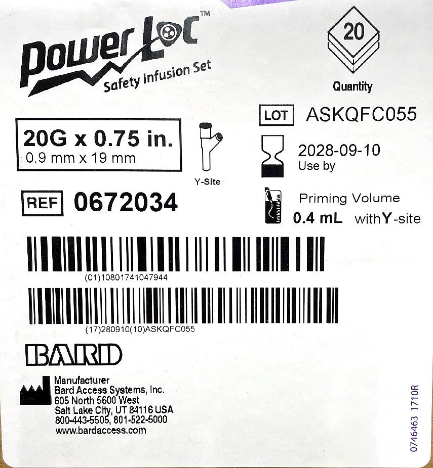 0672034 - BARD - PowerLoc 20G x 0.75 inch with y-site, (BX/20)