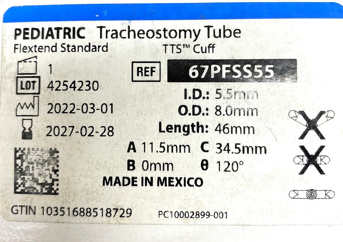 67PFSS55 - SMITHS MEDICAL - Bivona Uncuffed FlexTend Plus Trach Tubes - Tracheostomy Tube, Tight to Shaft, Flextend Pediatric, Straight Neck, 5.5 mm, (BX/1)