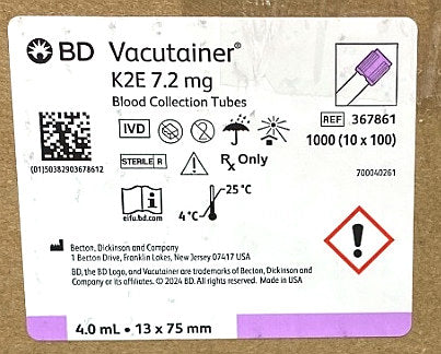 367861 - BD - TUBE K2EDTA PLH 13X75 4.0 PLBL LAV, (CS/1000)