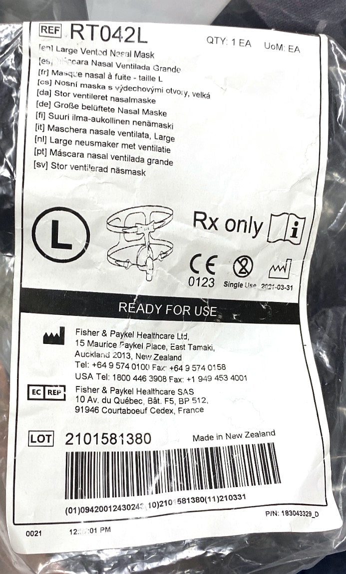 RT042L - FISHER & PAYKEL - Bi-Level CPAP System Hospital Mask- Large Vented Nasal Mask, (EA/1)
