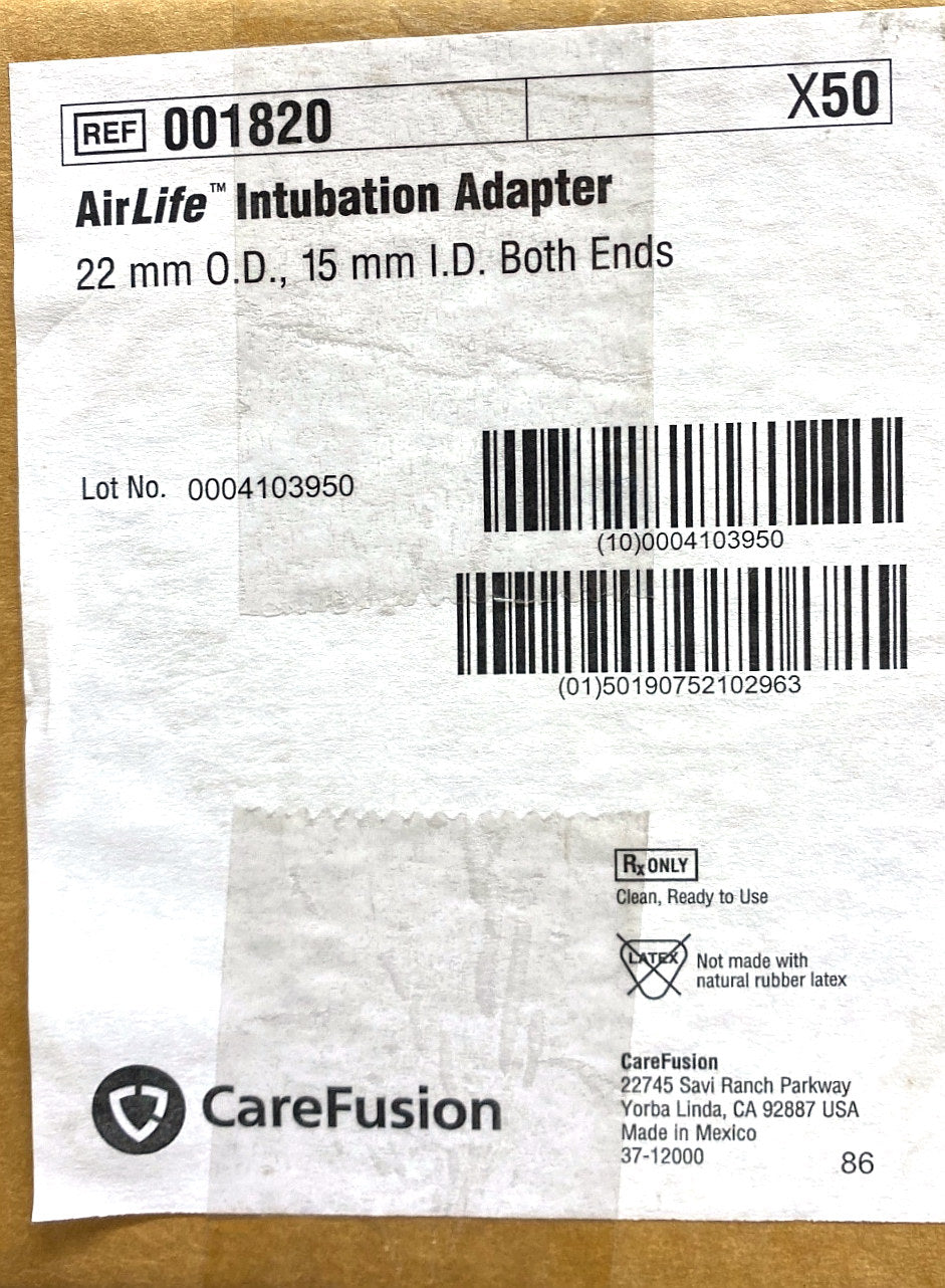 001820 - CAREFUSION - Airlife intubation adapter 22 mm OD 15 mm ID both ends, (BX/50)
