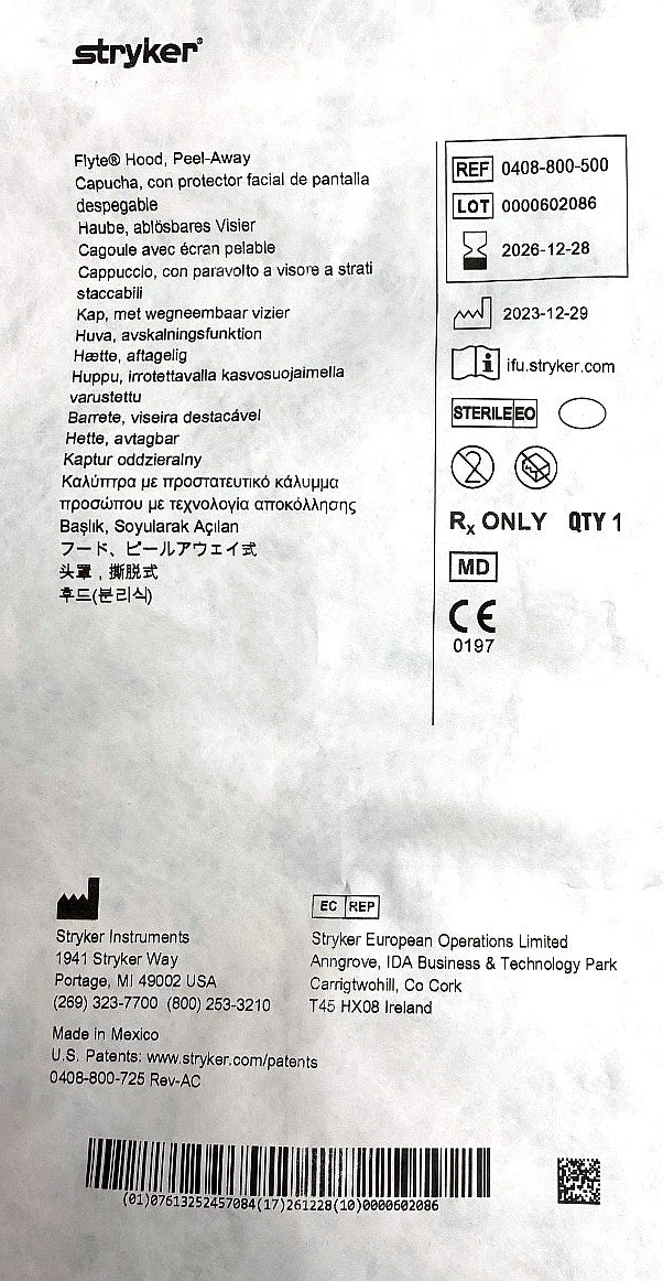 0408-800-500 - STRYKER - Hood, Peel-Away, (EA/1)