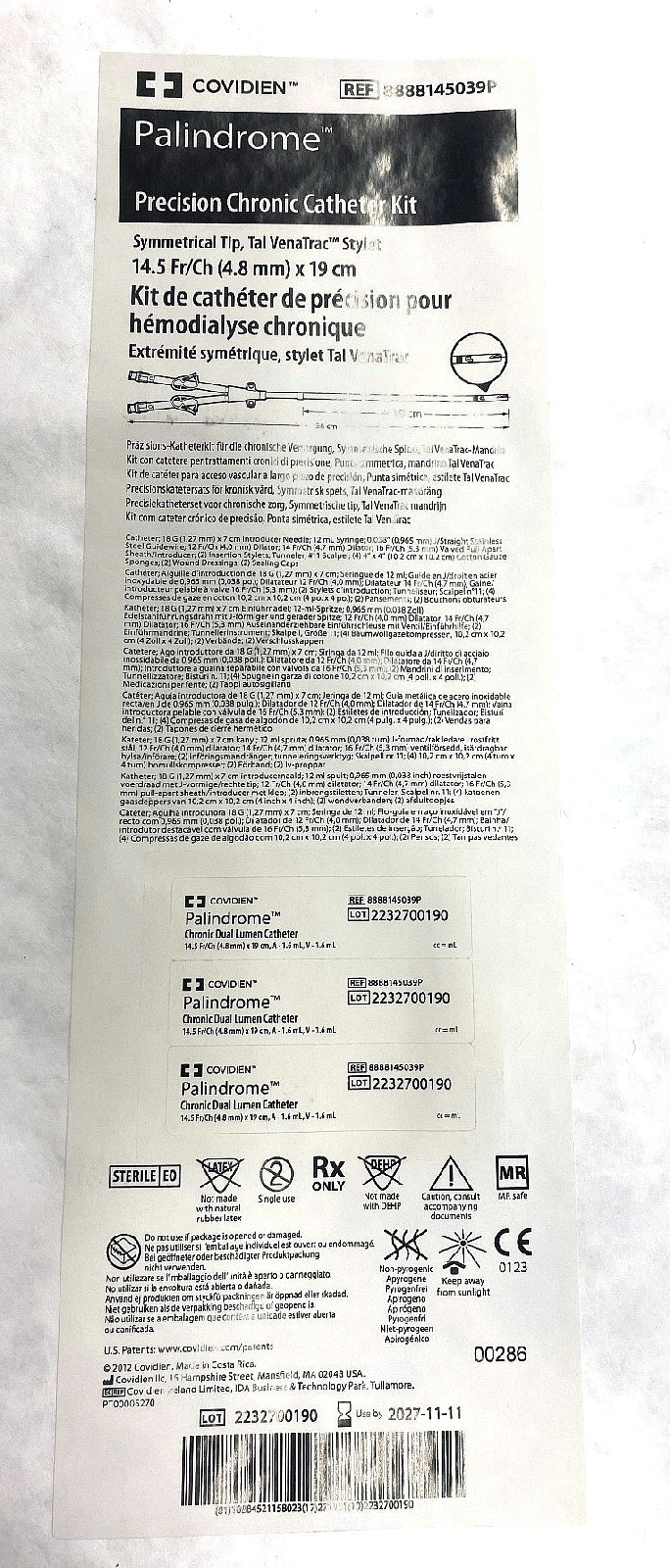 8888145039P - COVIDIEN - Precision Chronic Catheter Kit,Symmetrical Tip, Tal VenaTrac Stylet,14.5 Fr/Ch (4.8 mm) x 19 cm, (EA/1)
