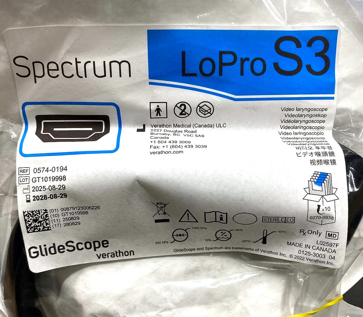 0574-0194 - VERATHON MEDICAL - GlideScope® Spectrum™ LoPro S3, (EA/1)