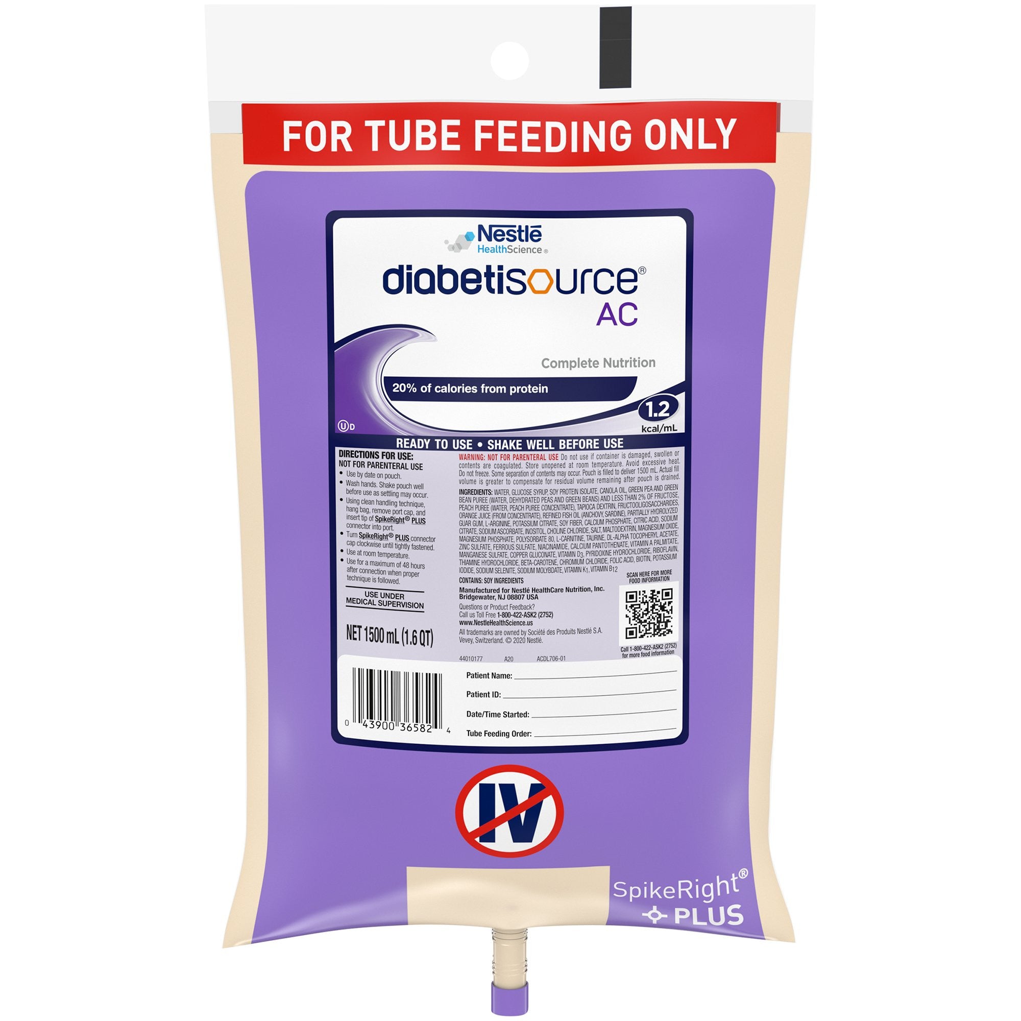 804537 - Diabetisource AC - Diabetisource AC Tube Feeding Formula Unflavored Liquid 1500 mL Ready to Hang Prefilled Container Pack of 1, (EA)