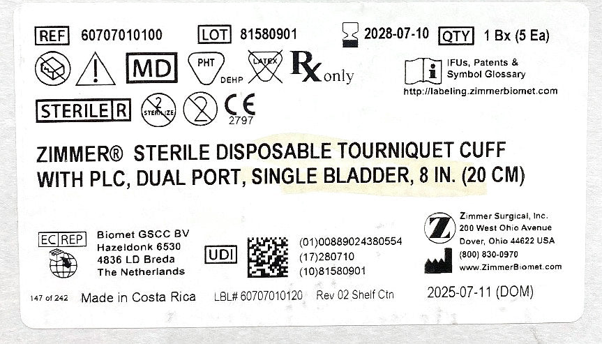 60-7070-101-00 - ZIMMER - ZIMMER® STERILE DISPOSABLE TOURNIQUET CUFF WITH PLC, DUAL PORT, SINGLE BLADDER, 8 IN. (20 CM), (BX/5)
