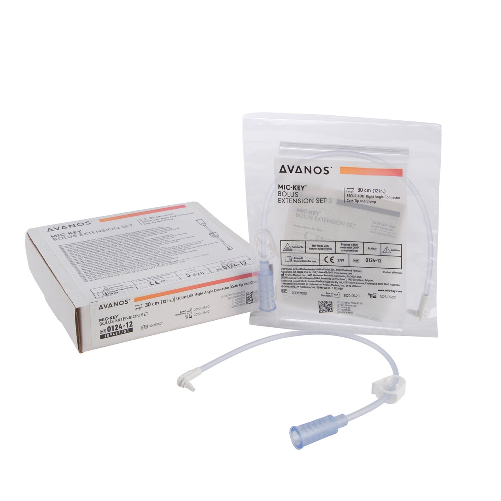 315259 - MIC - MIC-Key Bolus Enteral Feeding Extension Tube Set 12 Inch, With Cath Tip, SECUR-LOK Right-Angle Connector and Clamp, 0124-12, Case of 5, (CS)