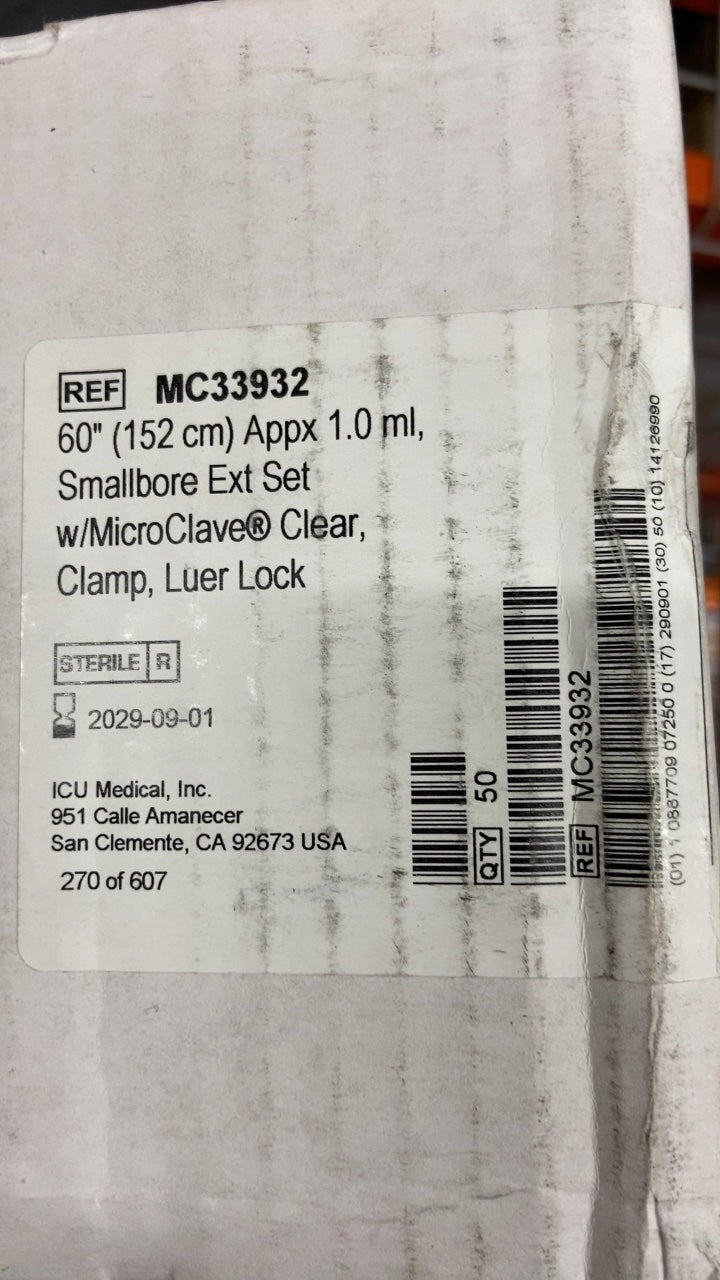 MC33932 - ICU MEDICAL - 60" (152 cm) Appx 1.0 ml, Smallbore Ext Set w/MicroClave® Clear, Clamp, Luer Lock, (BX/50)