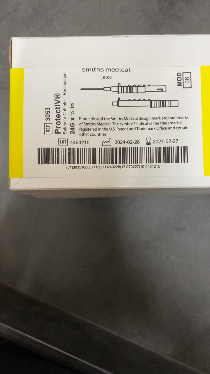 3053 - SMITHS MEDICAL - ProtectIV Safety IV Catheter - Radiopaque 24G x 3/4 in, (BX/50)