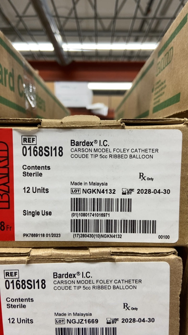 0168SI18 - BARD - Bardex I.C. CARSON MODEL FOLEY CATHETER COUDE TIP 5cc RIBBED BALLOON, (BX/12)