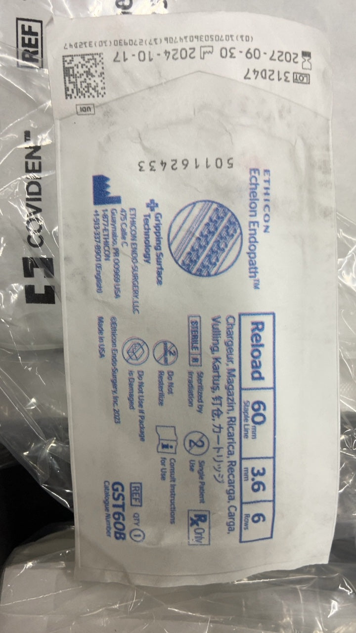 GST60B - ETHICON - Echelon Endopath Stapler Reload with Gripping Surface Technology, Blue, 3.6 Open x 1.5 mm Closed Height, (BX/12)