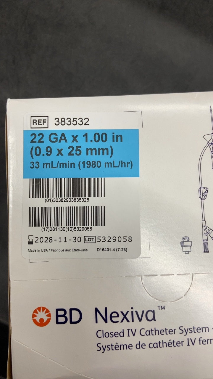 383532 - BD - BD Nexiva Closed IV Catheter System - Dual Port, 22 GA x 1.00 in (0.9 x 25 mm), 33 mL/min (1980 mL/hr), (BX/20)