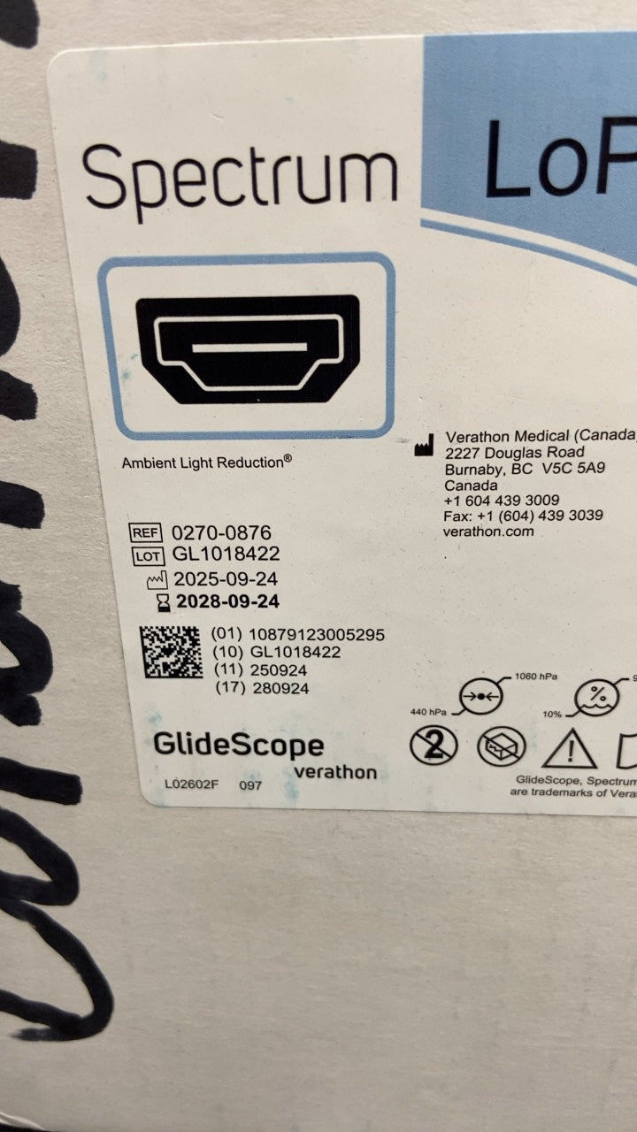 0270-0876 - VERATHON MEDICAL - Glidescope Spectrum Lopro S1 Video Laryngoscope (0574-0165), (BX/10)