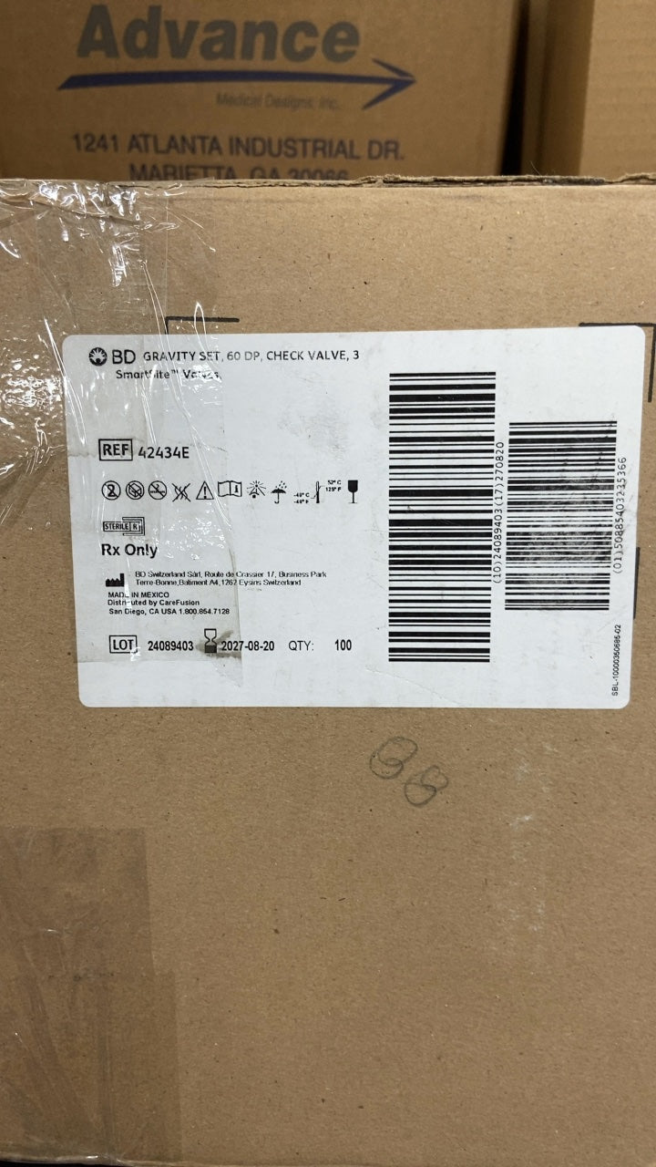 42434E - BD - BD GRAVITY SET, 60 DP, CHECK VALVE, 3 SmartSite Valves, (BX/100)