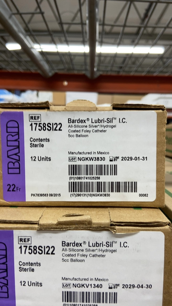 1758SI22 - BARD - Bardex Lubri-Sil I.C. All-Silicone Silver+/Hydrogel Coated Foley Catheter 5cc Balloon, (BX/12)