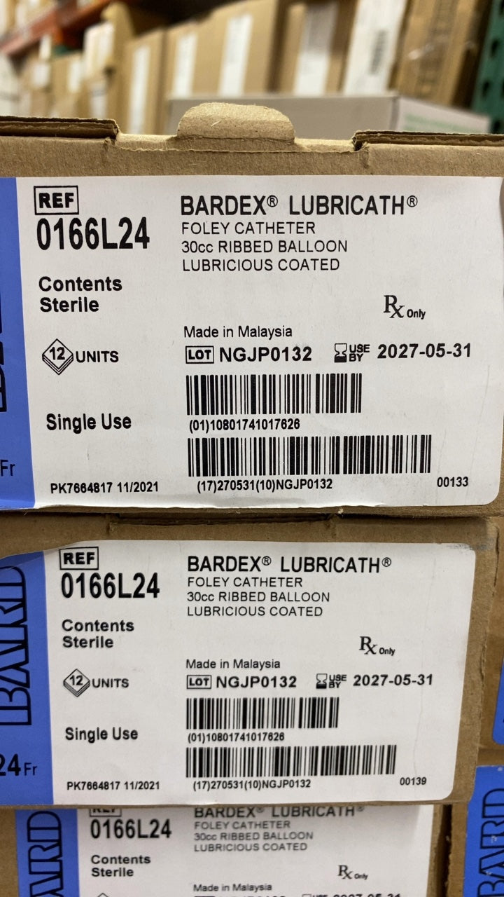 0166L24 - BARD - BARDEX LUBRICATH FOLEY CATHETER 30cc RIBBED BALLOON LUBRICIOUS COATED, (BX/12)