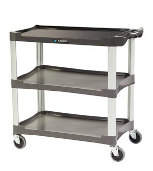2503 - Lakeside Manufacturing, Inc. - 18-1/2"W X 36"L X 35"H Charcoal Plastic Utility Cart W/Aluminum Legs; 300 Lb. Load Capacity; Three 16"W X 28-1/2"L Shelves W/11-3/4" Shelf Clearance; 4" All Swivel Casters; Stain & Odor-Resistant Material; Assembles