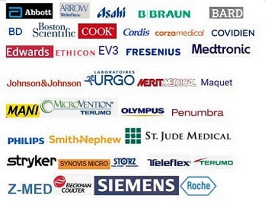 Collage of medical equipment brand logos including Siemens, Philips, Medtronic, and Roche.