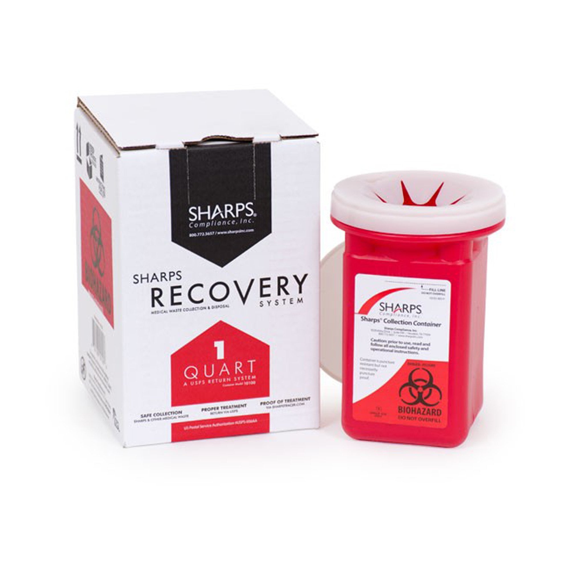 639110 - SHARPS - Sharps Recovery System Mailback Sharps Container Red, Base 4.5 L x 4.5 W x 7 H in, 0.25 Gallon, 10100-012, Pack of 1, (EA)
