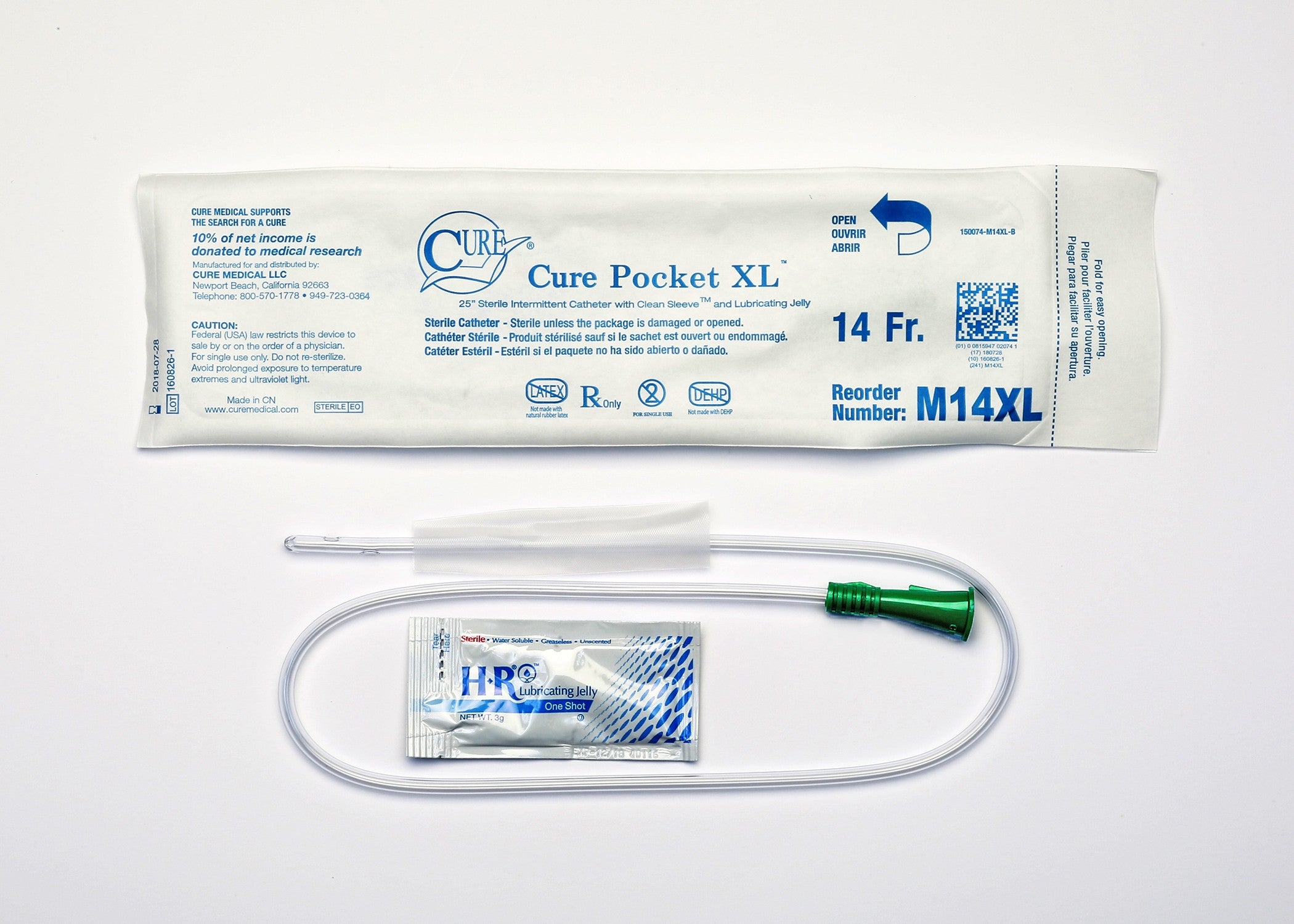 1021100 - Cure - Urethral Catheter Cure Medical Pocket Size Lubricated 14 Fr. 25 in, M14XL Pack of 1, (EA)