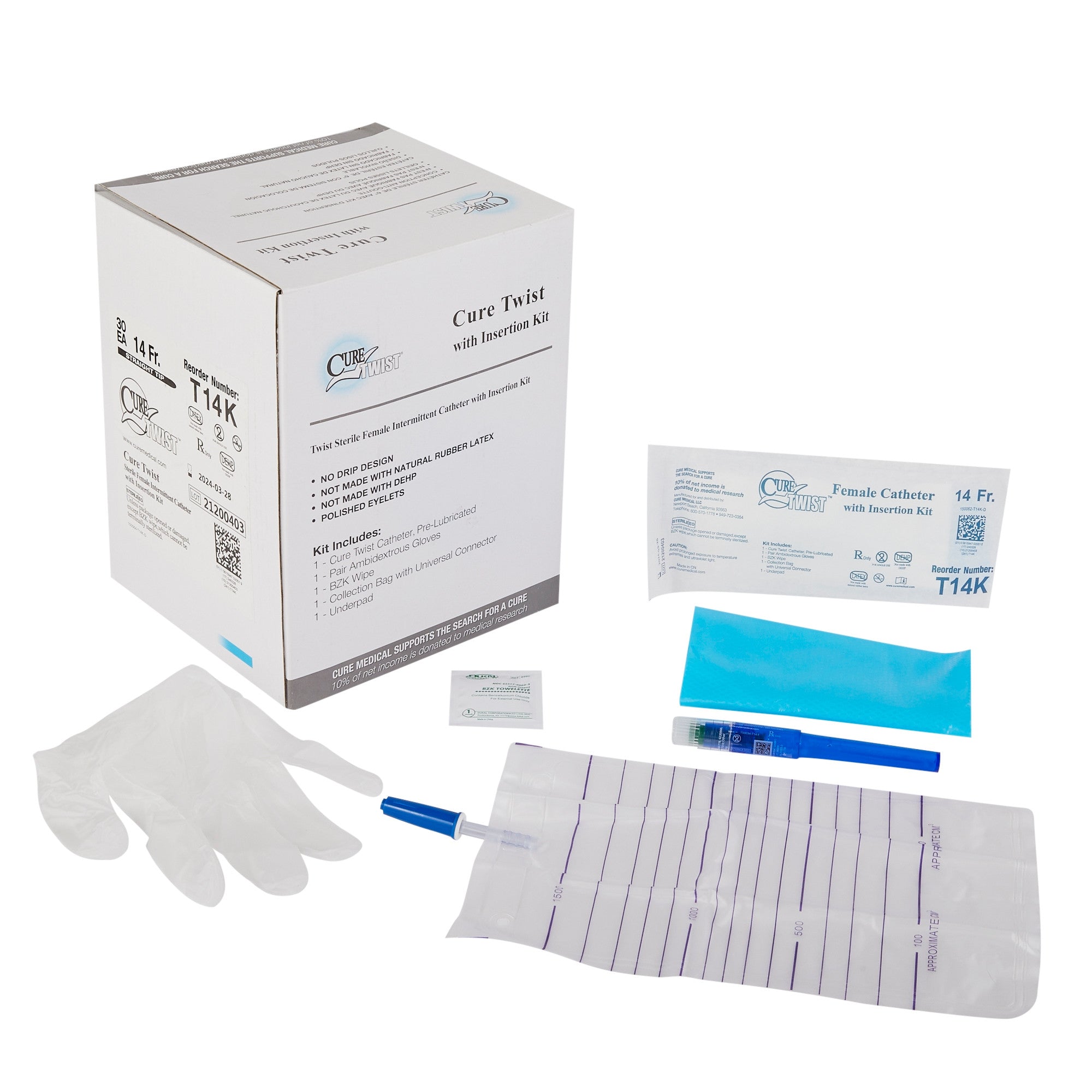 1034692 - Cure - Intermittent Catheter Tray Cure Twist Female, Straight Tip 14 Fr. Without Balloon T14K Pack of 1, (EA)