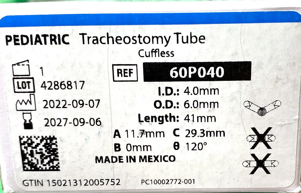 60P040 - SMITHS MEDICAL - Bivona Uncuffed Trach Tubes - Trach Tube, Pediatric, Uncuffed, 4 mm, (BX/1)